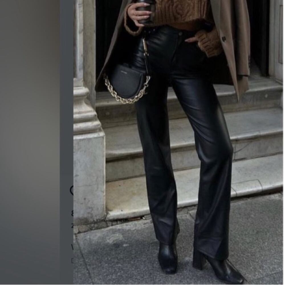 Zara Black STRAIGHT FIT LONG LENGTH MID RISE FAUX LEATHER TROUSERS Size 4